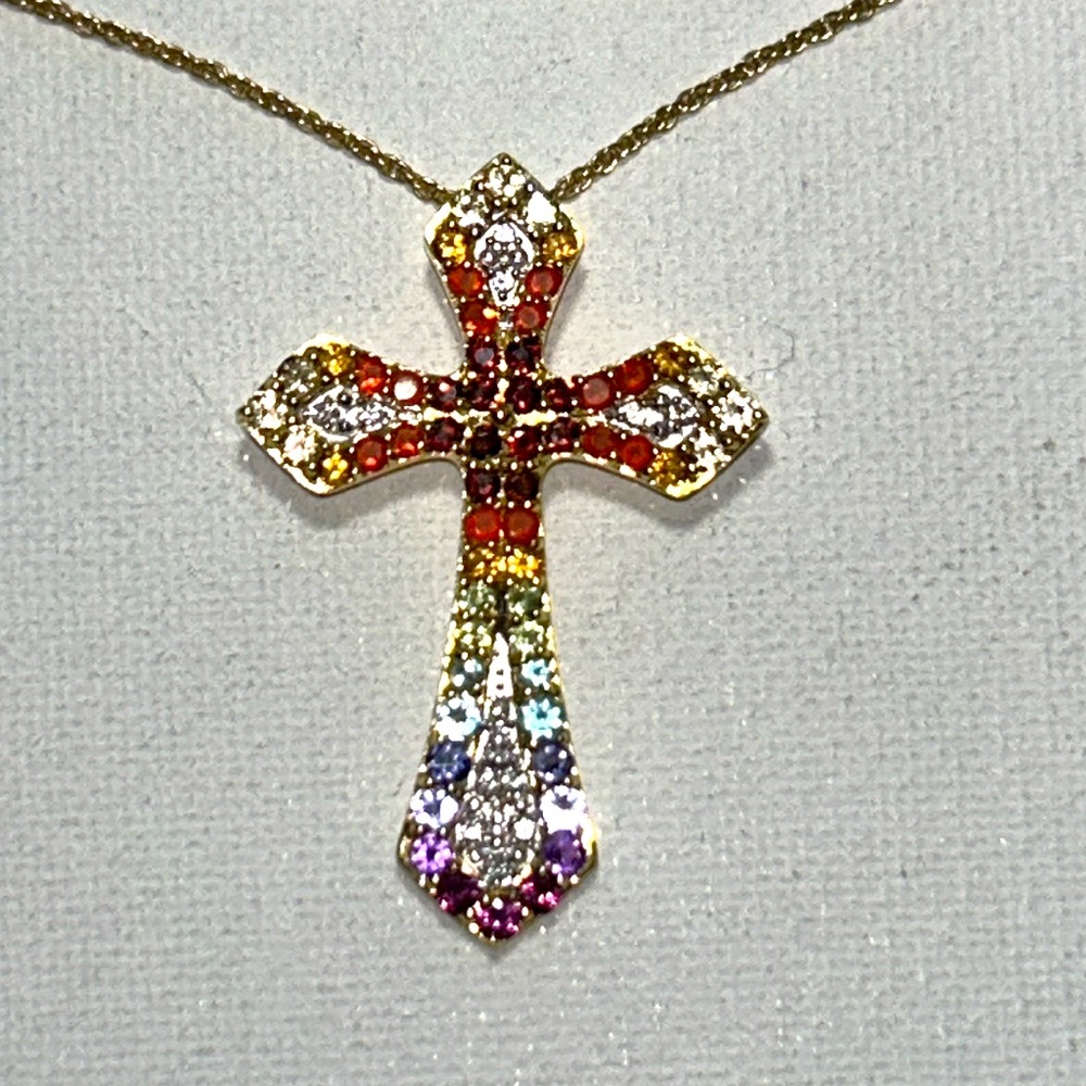 Chuck Clemency Multi Gemstone Gold Plated Sterling Silver Cross Necklace Boho